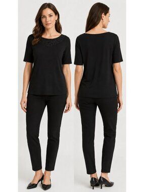 Lauren Ralph Lauren Women’s Black Short Sleeve Lace Neckline Top XLARGE
